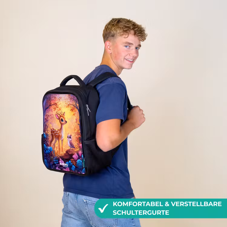 Kinderrucksack - Schwarz - Kleines Reh und Eule in einem rosa Märchenwald — 9