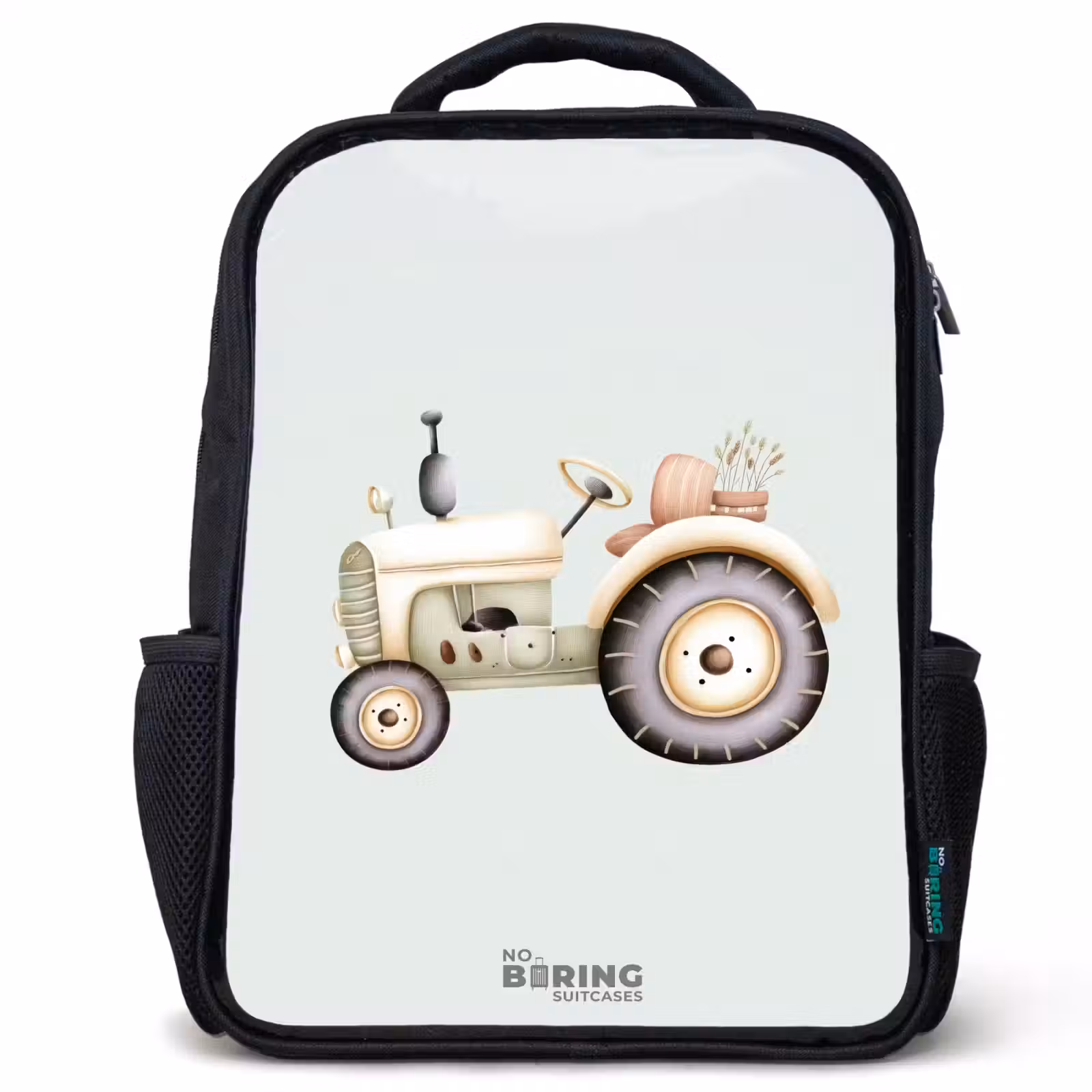 Kinderrucksack - Schwarz - Beigefarbener Oldtimer-Traktor in Pastellgrün — 1