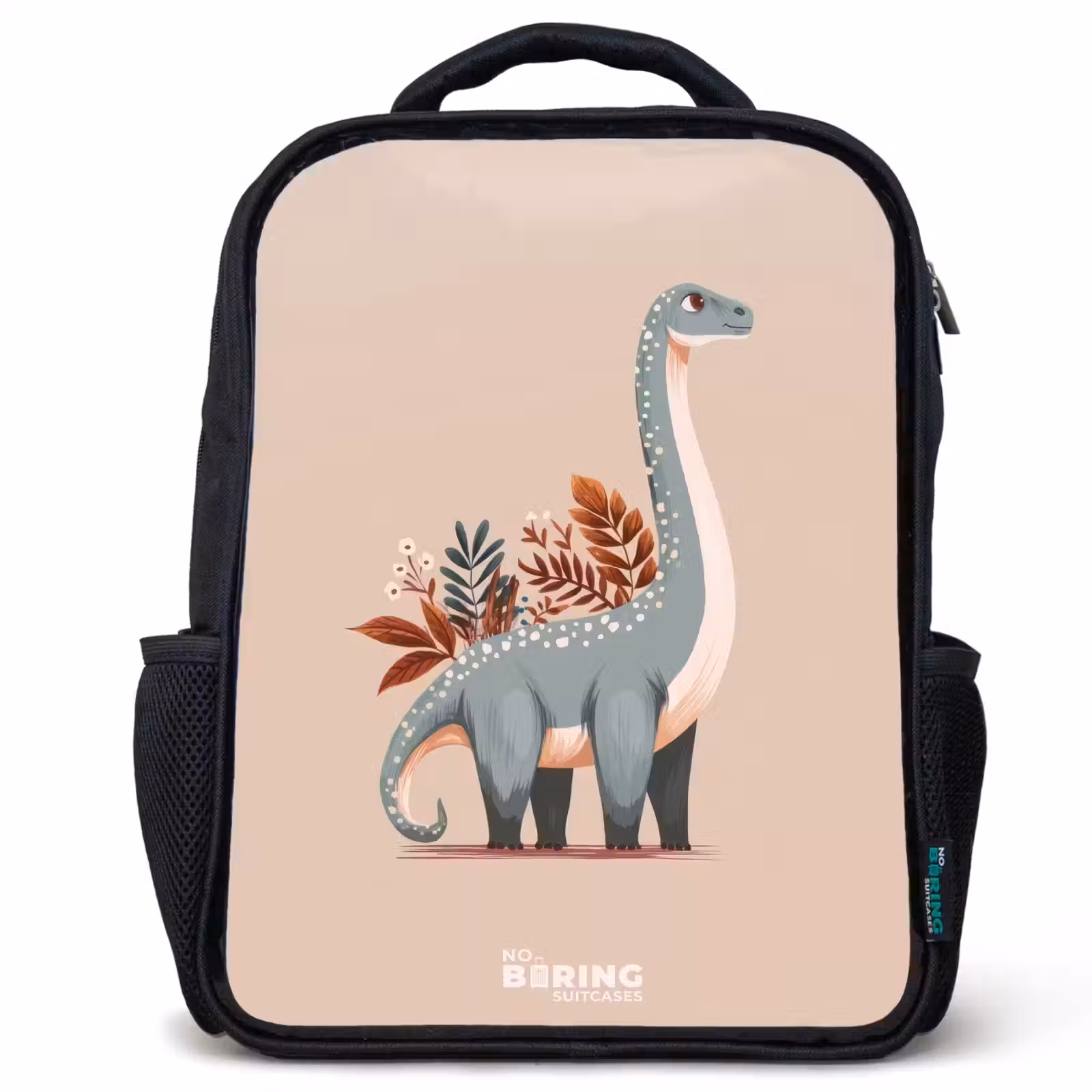 Kinderrucksack - Schwarz - Blauer Dinosaurier auf einem beigen Hintergrund — 1