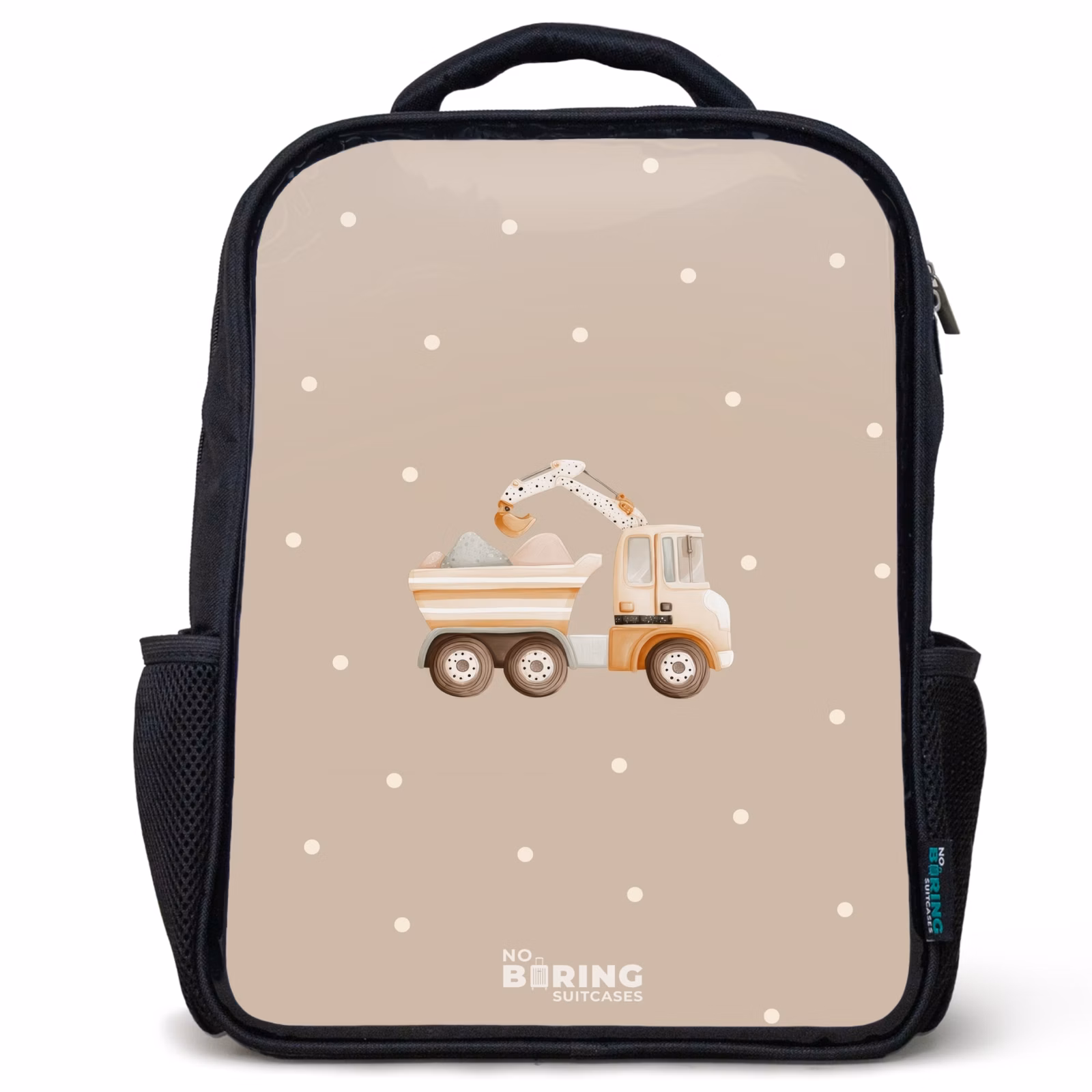 Kinderrucksack - Schwarz - Gelber Muldenkipper mit Steinen und Tupfenmuster — 1