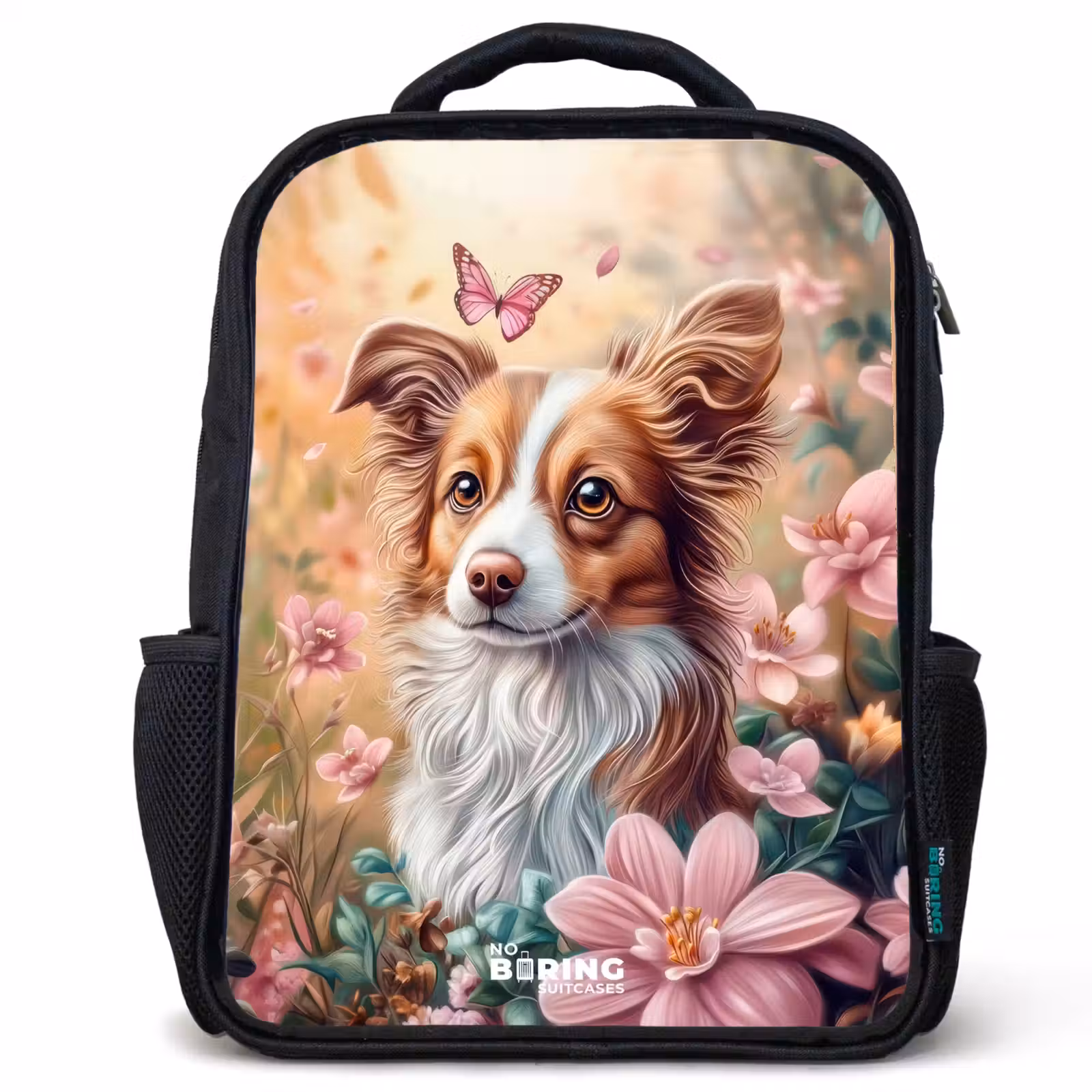 Kinderrucksack - Schwarz - Hund im Blumenfeld mit Schmetterlingen — 1
