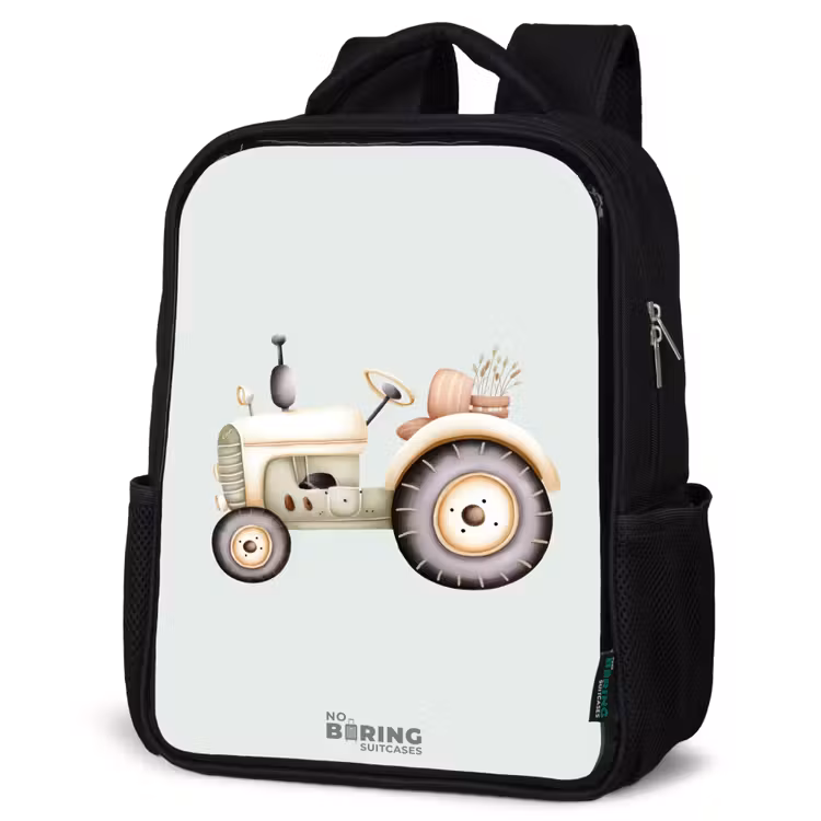Kinderrucksack - Schwarz - Beigefarbener Oldtimer-Traktor in Pastellgrün — 4