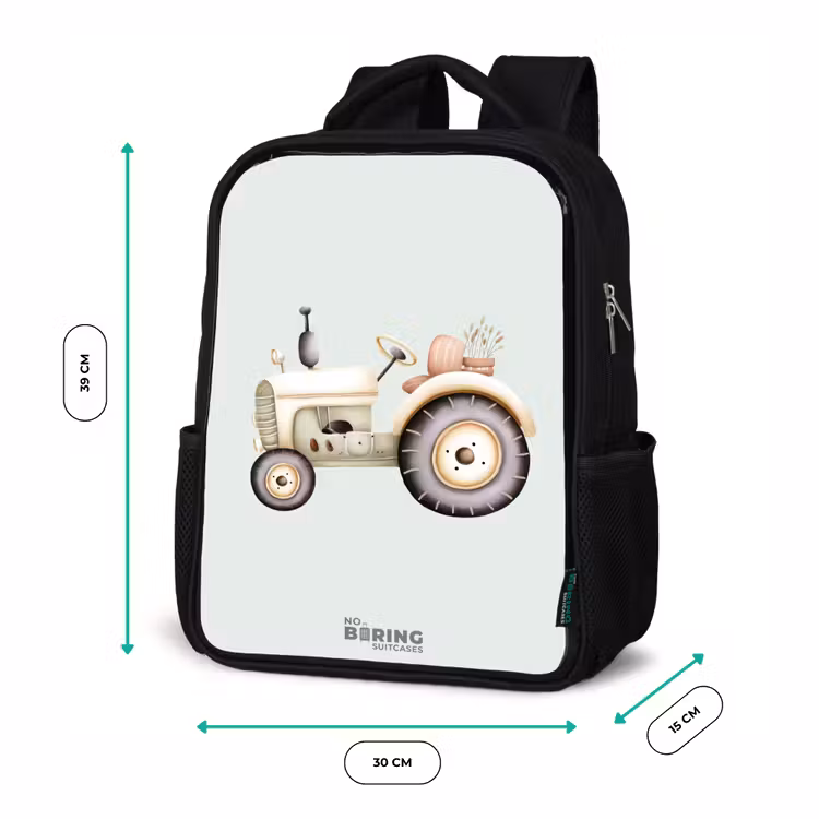 Kinderrucksack - Schwarz - Beigefarbener Oldtimer-Traktor in Pastellgrün — 6