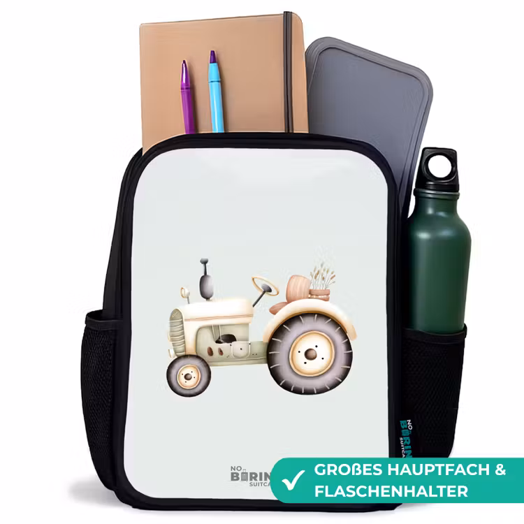 Kinderrucksack - Schwarz - Beigefarbener Oldtimer-Traktor in Pastellgrün — 8