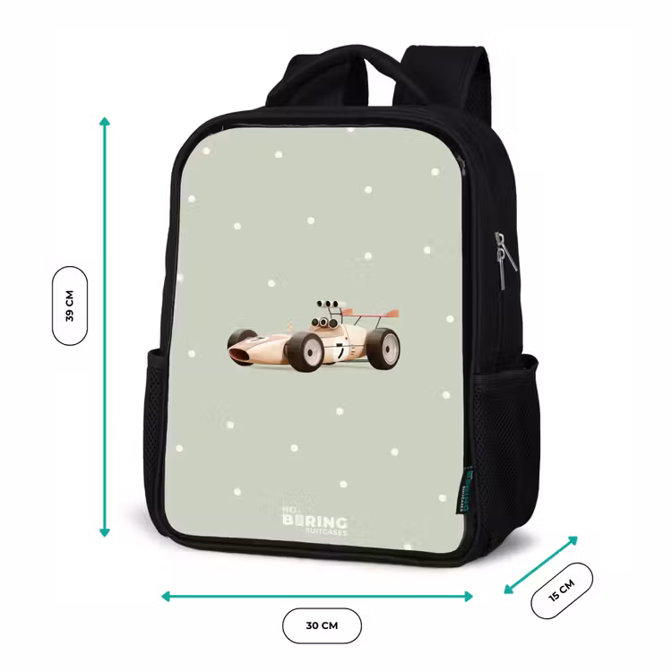 Kinderrucksack - Schwarz - Beigefarbenes Retro-Rennauto auf grünem Polka-Dot-Hintergrund — 6
