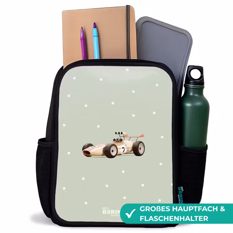 Kinderrucksack - Schwarz - Beigefarbenes Retro-Rennauto auf grünem Polka-Dot-Hintergrund — 8