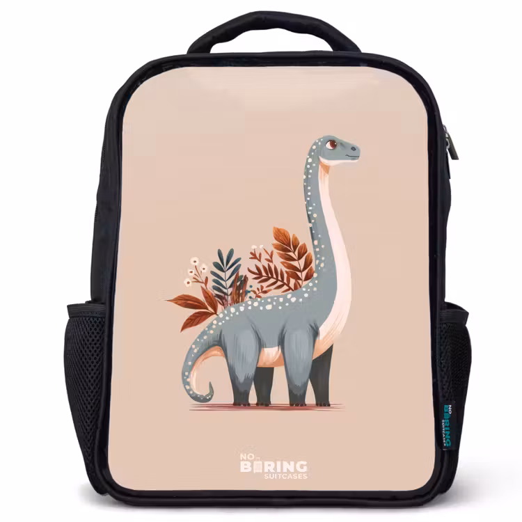 Kinderrucksack - Schwarz - Blauer Dinosaurier auf einem beigen Hintergrund — 1