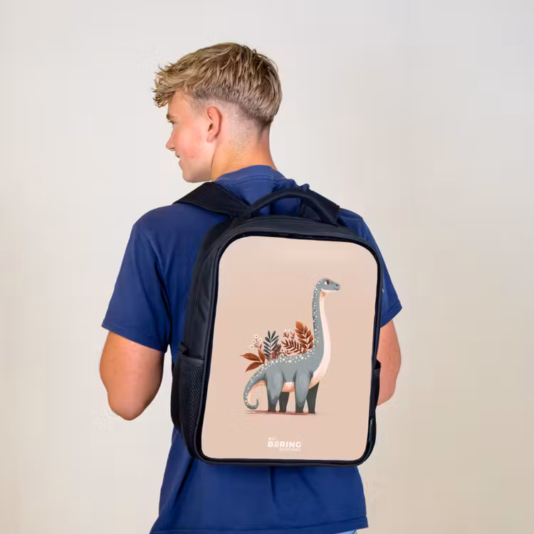 Kinderrucksack - Schwarz - Blauer Dinosaurier auf einem beigen Hintergrund — 3