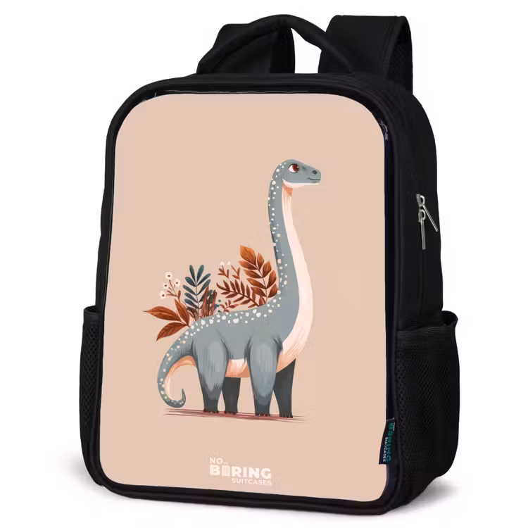 Kinderrucksack - Schwarz - Blauer Dinosaurier auf einem beigen Hintergrund — 4