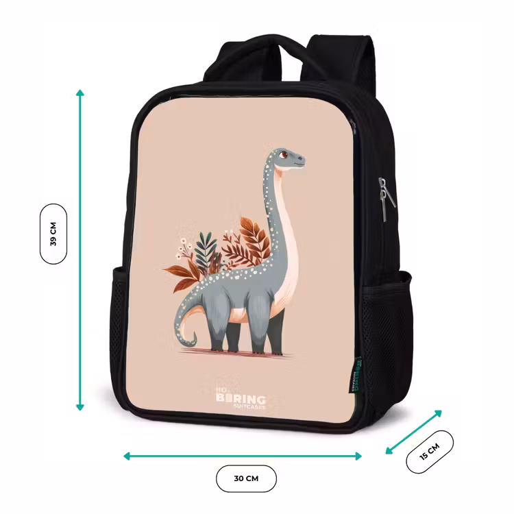 Kinderrucksack - Schwarz - Blauer Dinosaurier auf einem beigen Hintergrund — 6