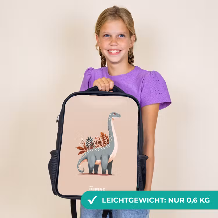 Kinderrucksack - Schwarz - Blauer Dinosaurier auf einem beigen Hintergrund — 7