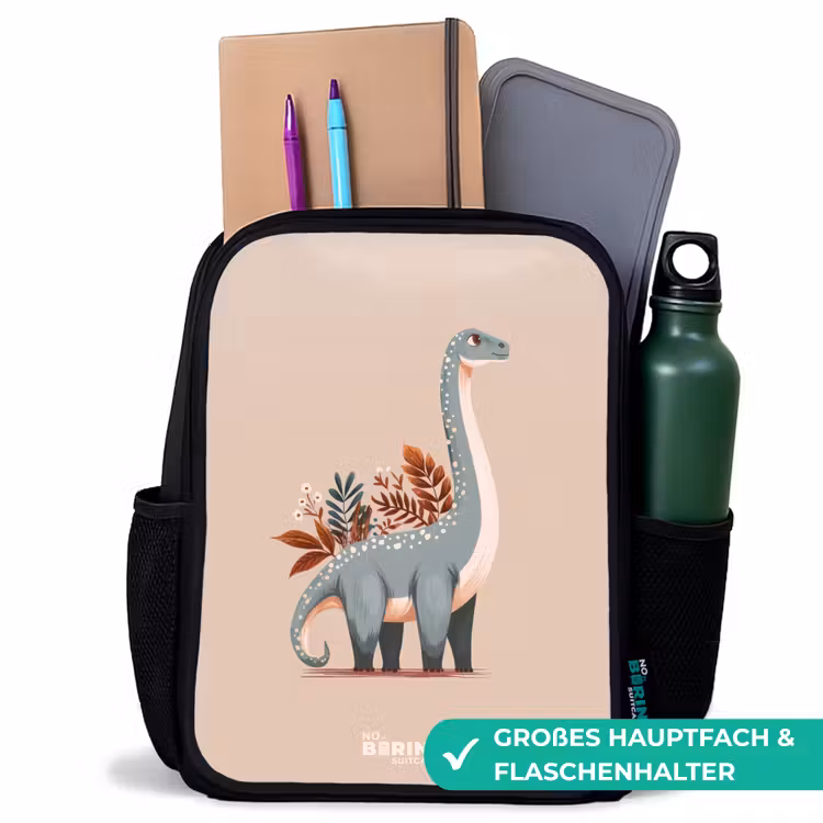 Kinderrucksack - Schwarz - Blauer Dinosaurier auf einem beigen Hintergrund — 8
