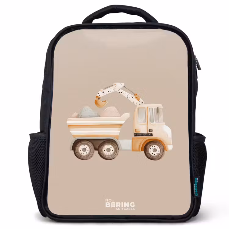 Kinderrucksack - Schwarz - Gelber Kipplaster in neutralen Farben — 1