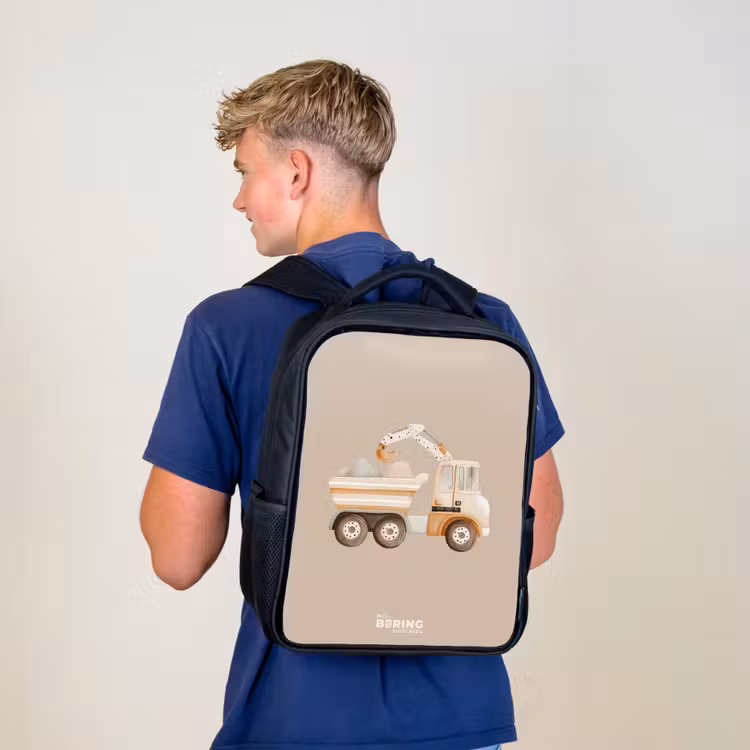 Kinderrucksack - Schwarz - Gelber Kipplaster in neutralen Farben — 3