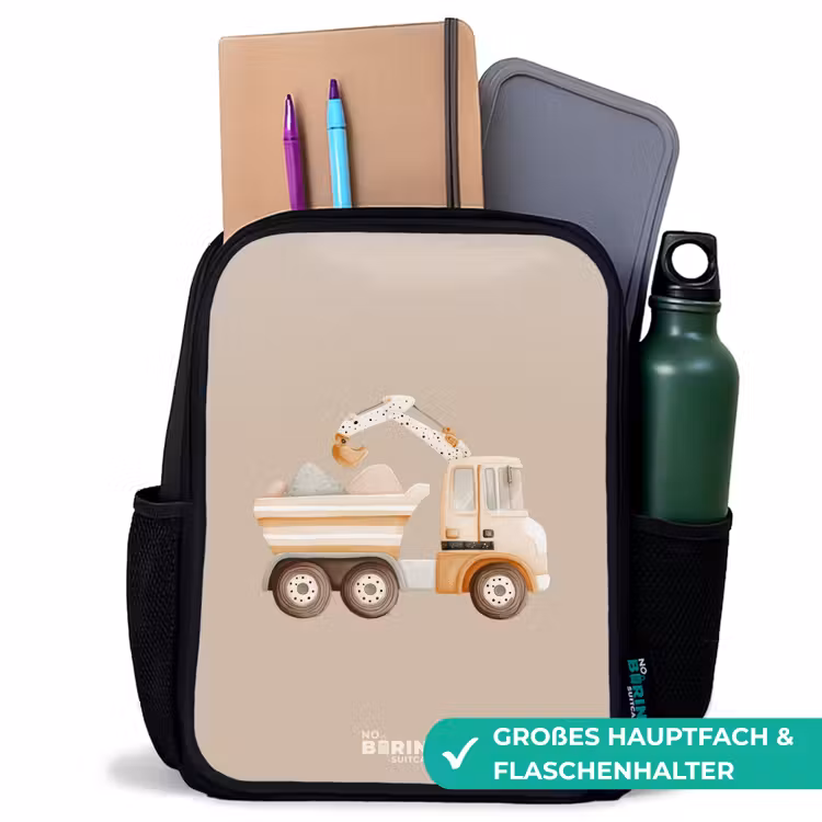 Kinderrucksack - Schwarz - Gelber Kipplaster in neutralen Farben — 8