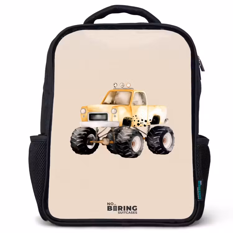 Kinderrucksack - Schwarz - Gelber Monstertruck auf einem beigen Hintergrund — 1