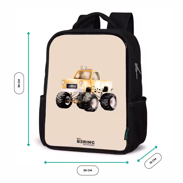 Kinderrucksack - Schwarz - Gelber Monstertruck auf einem beigen Hintergrund — 6