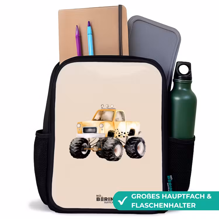 Kinderrucksack - Schwarz - Gelber Monstertruck auf einem beigen Hintergrund — 8
