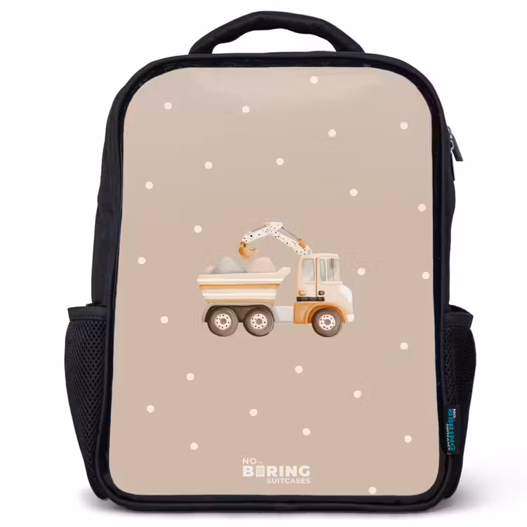 Kinderrucksack - Schwarz - Gelber Muldenkipper mit Steinen und Tupfenmuster — 1