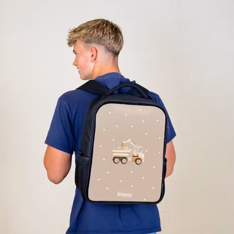 Kinderrucksack - Schwarz - Gelber Muldenkipper mit Steinen und Tupfenmuster — 3