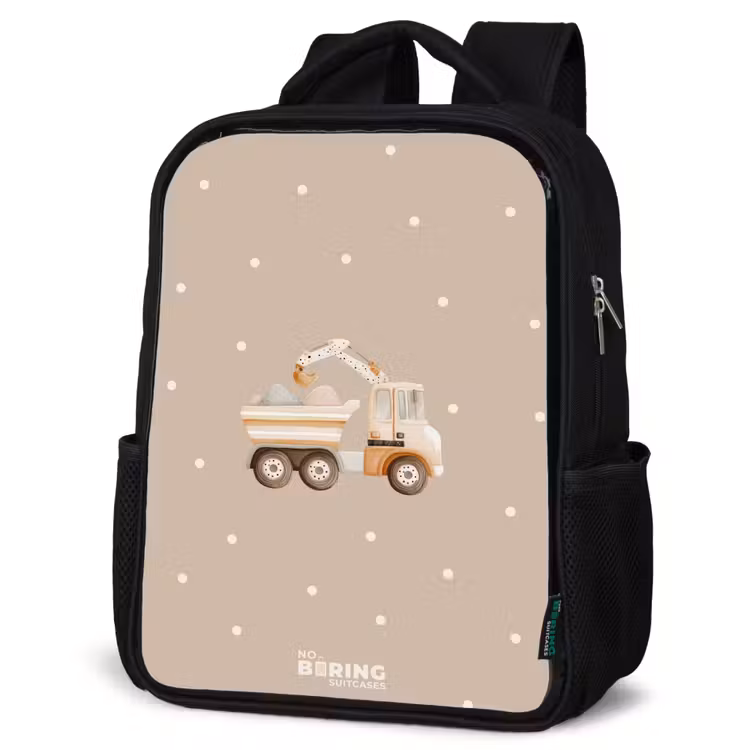 Kinderrucksack - Schwarz - Gelber Muldenkipper mit Steinen und Tupfenmuster — 4