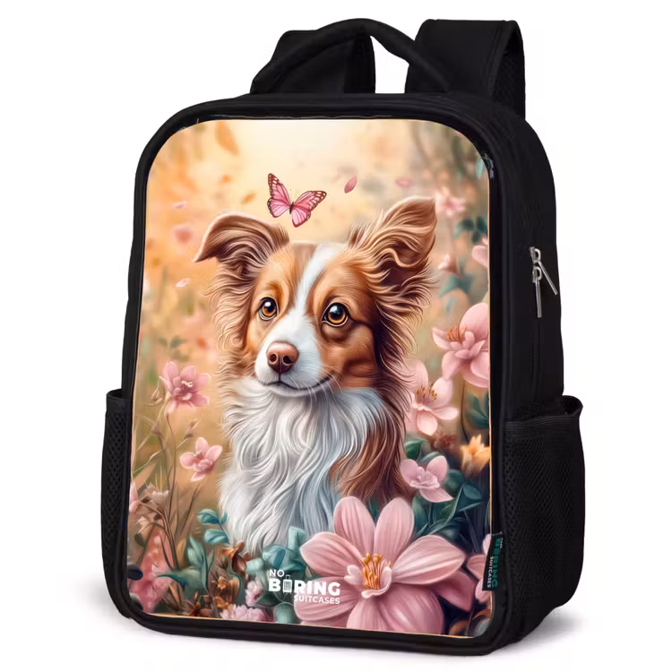 Kinderrucksack - Schwarz - Hund im Blumenfeld mit Schmetterlingen — 4