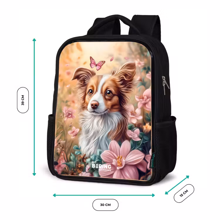 Kinderrucksack - Schwarz - Hund im Blumenfeld mit Schmetterlingen — 6