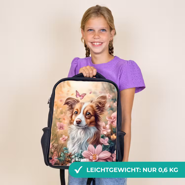 Kinderrucksack - Schwarz - Hund im Blumenfeld mit Schmetterlingen — 7