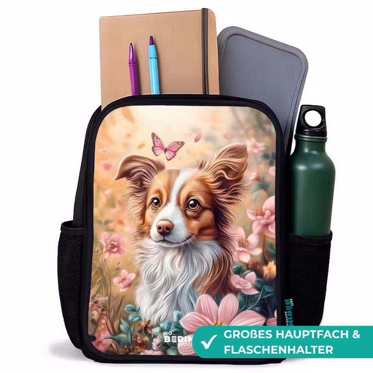 Kinderrucksack - Schwarz - Hund im Blumenfeld mit Schmetterlingen — 8