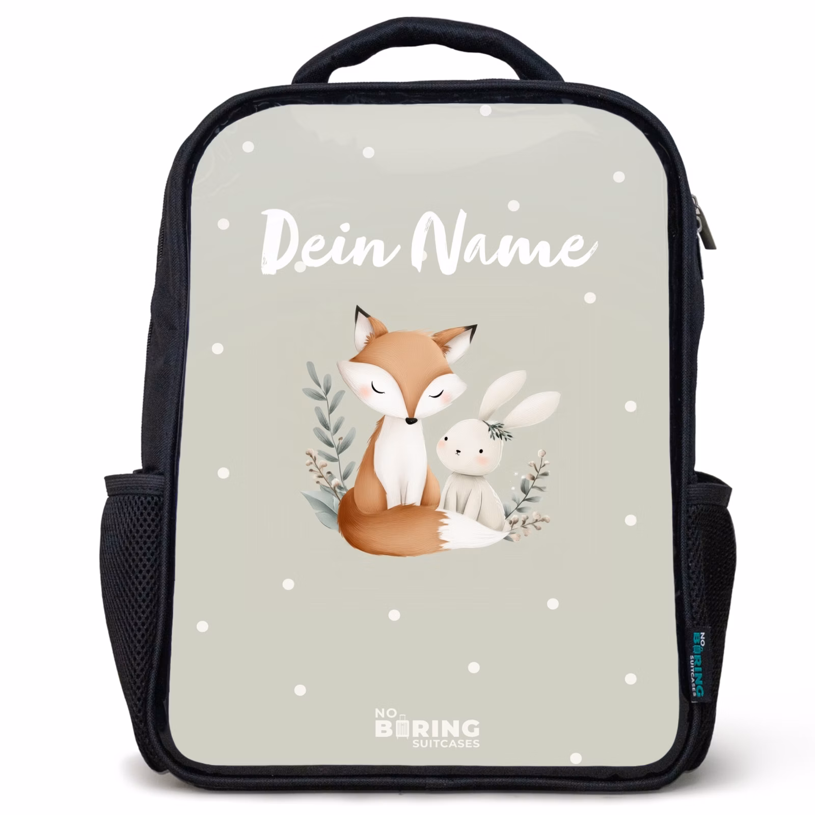 Kinderrucksack - Schwarz - Fuchs und Kaninchen umgeben von grünen Blättern und Punkten — 1