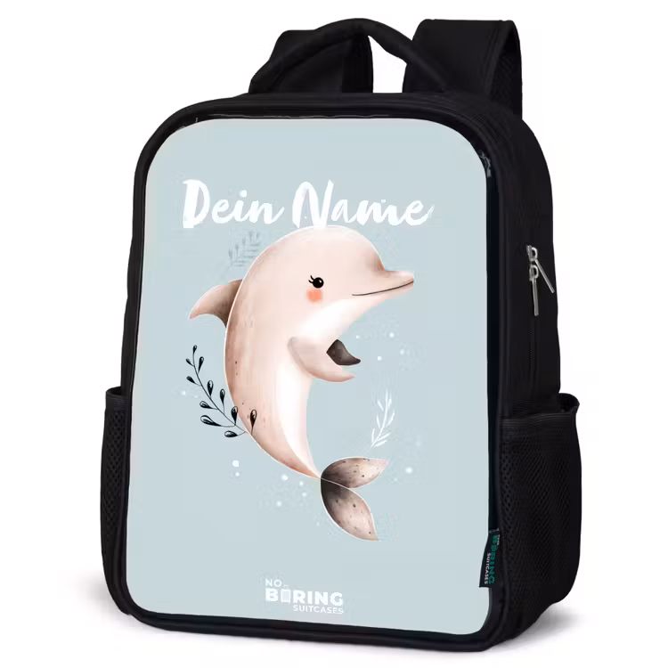 Kinderrucksack - Schwarz - Beigefarbener Delphin in blauem Wasser — 4
