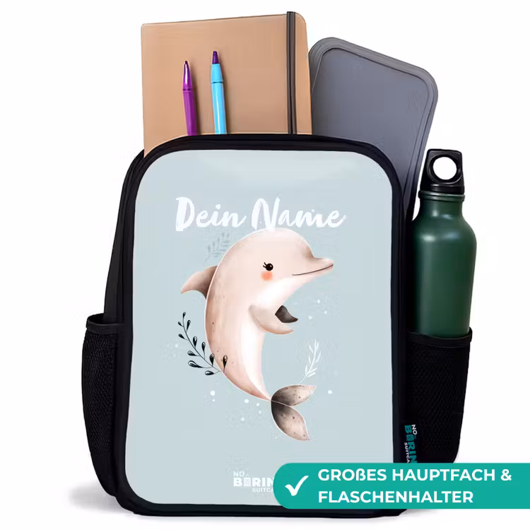 Kinderrucksack - Schwarz - Beigefarbener Delphin in blauem Wasser — 8