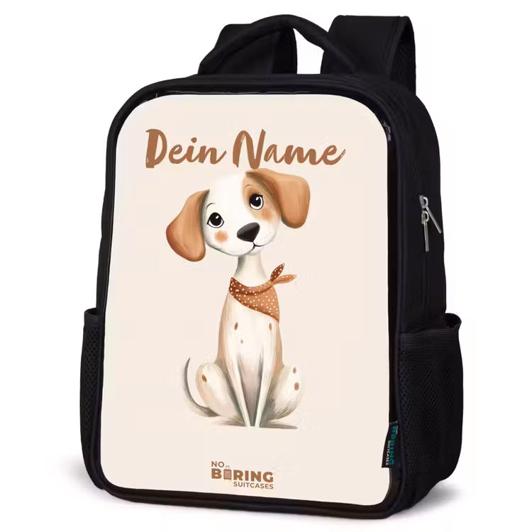 Kinderrucksack - Schwarz - Braun gefleckter Welpe auf beigem Hintergrund — 4