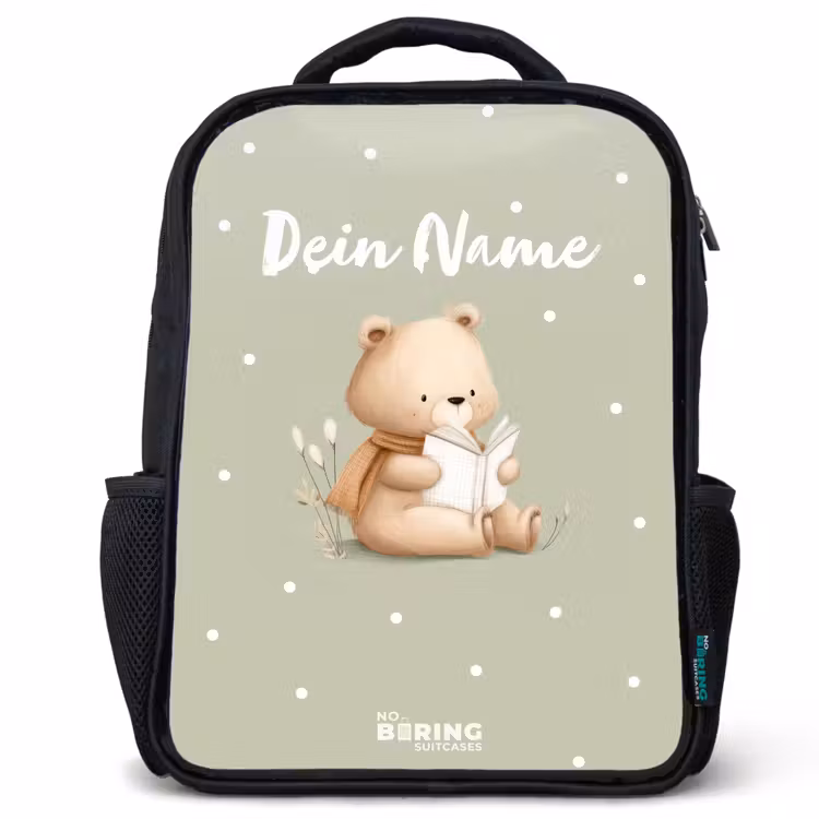 Kinderrucksack - Schwarz - Ein Braunbär liest ein Buch - Grün — 1