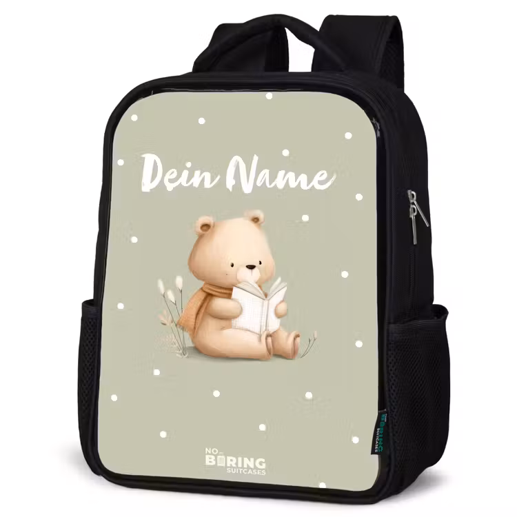 Kinderrucksack - Schwarz - Ein Braunbär liest ein Buch - Grün — 4