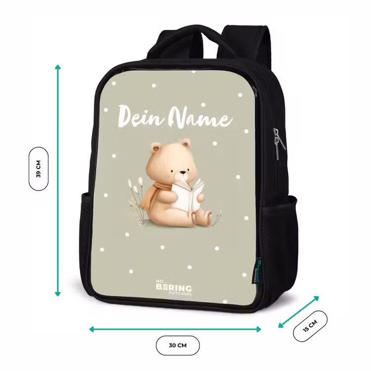 Kinderrucksack - Schwarz - Ein Braunbär liest ein Buch - Grün — 6