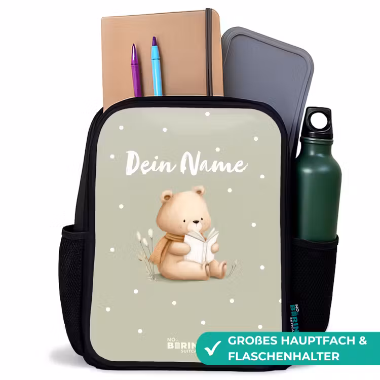 Kinderrucksack - Schwarz - Ein Braunbär liest ein Buch - Grün — 8