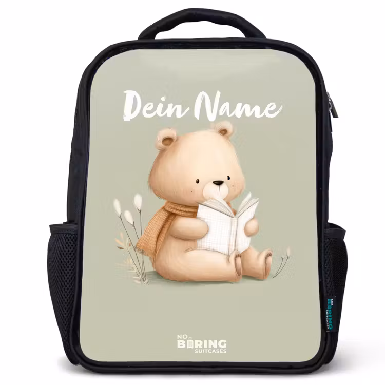 Kinderrucksack - Schwarz - Ein Braunbär mit einem Buch - Grün — 1