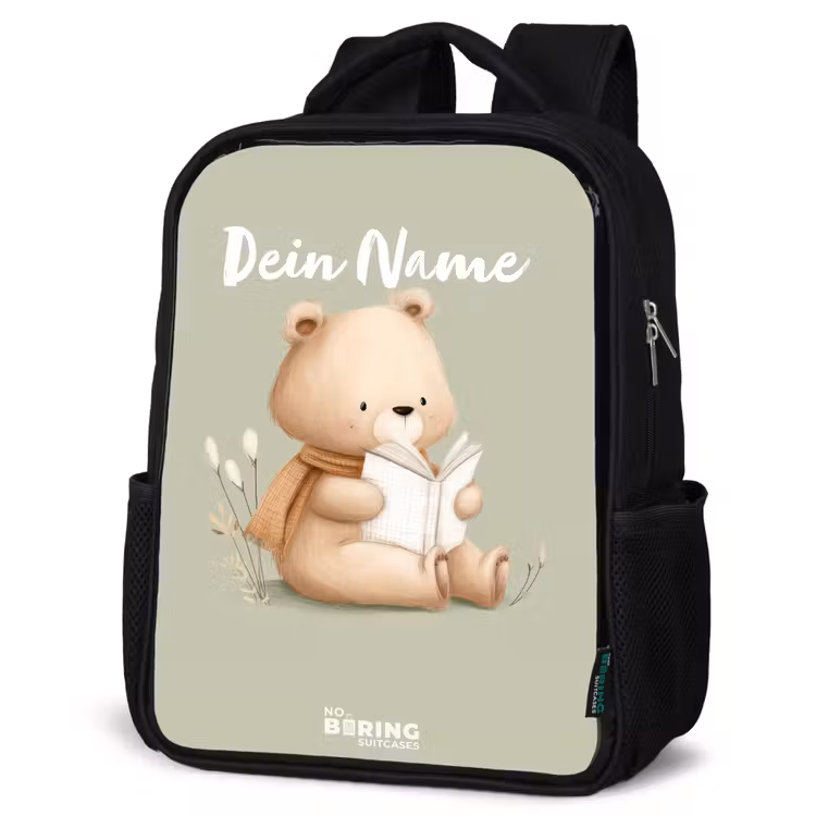 Kinderrucksack - Schwarz - Ein Braunbär mit einem Buch - Grün — 4