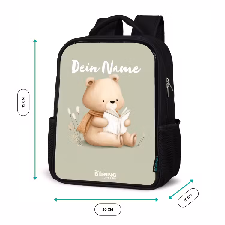Kinderrucksack - Schwarz - Ein Braunbär mit einem Buch - Grün — 6