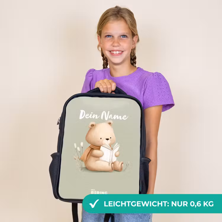 Kinderrucksack - Schwarz - Ein Braunbär mit einem Buch - Grün — 7