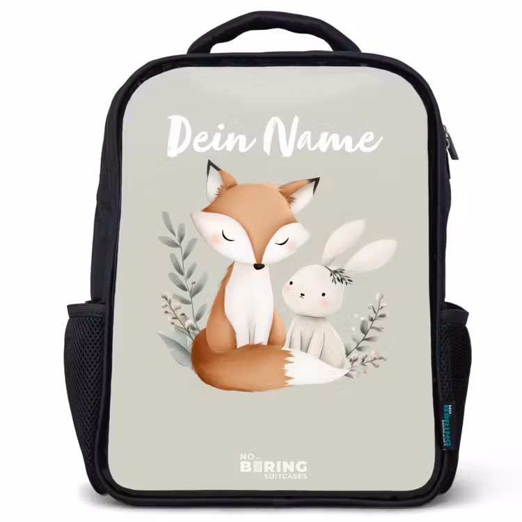 Kinderrucksack - Schwarz - Fuchs und Kaninchen umgeben von grünen Blättern — 1
