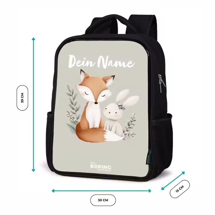 Kinderrucksack - Schwarz - Fuchs und Kaninchen umgeben von grünen Blättern — 6
