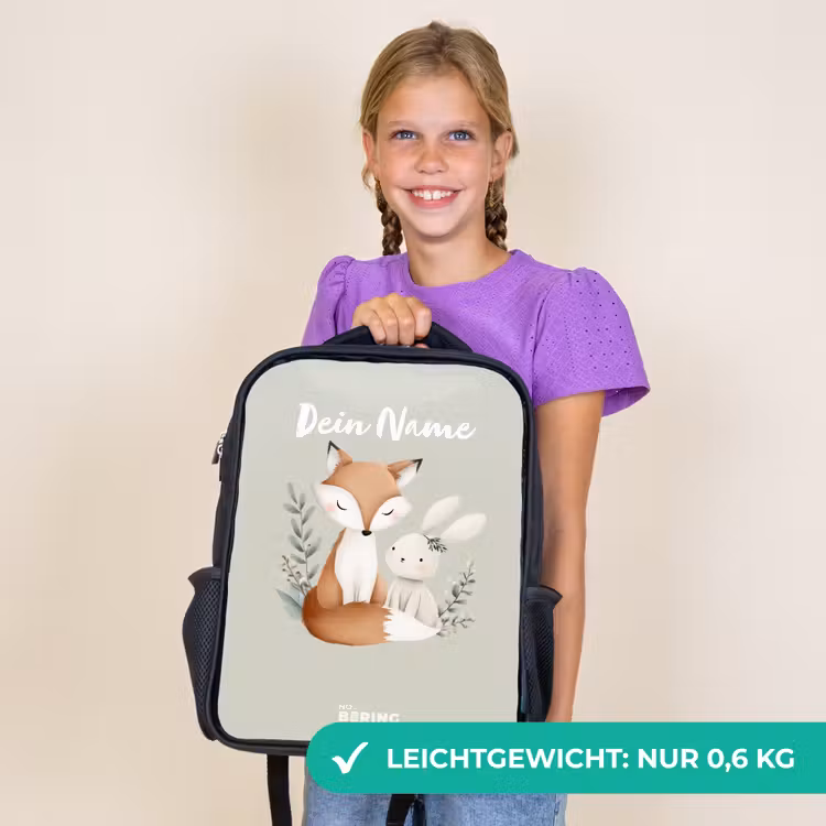 Kinderrucksack - Schwarz - Fuchs und Kaninchen umgeben von grünen Blättern — 7