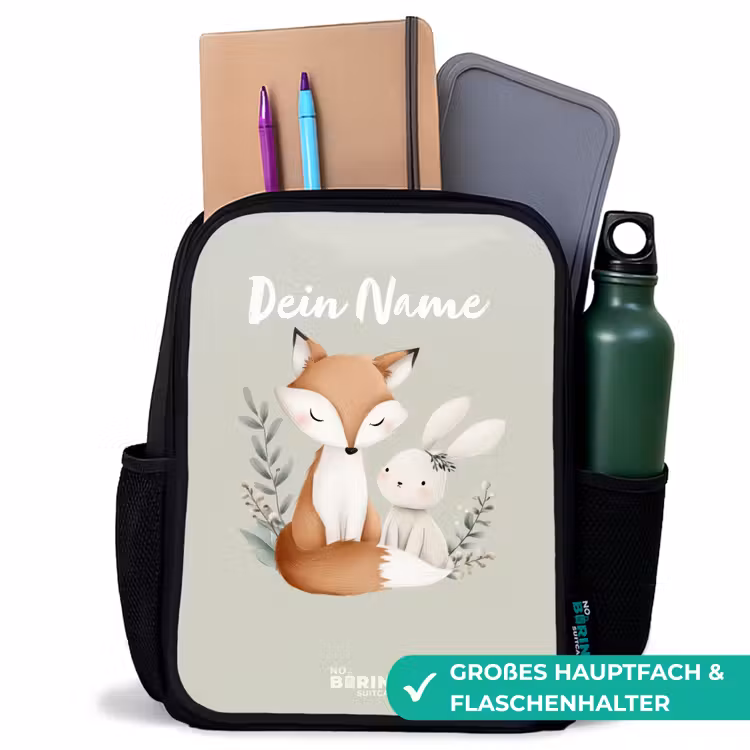 Kinderrucksack - Schwarz - Fuchs und Kaninchen umgeben von grünen Blättern — 8