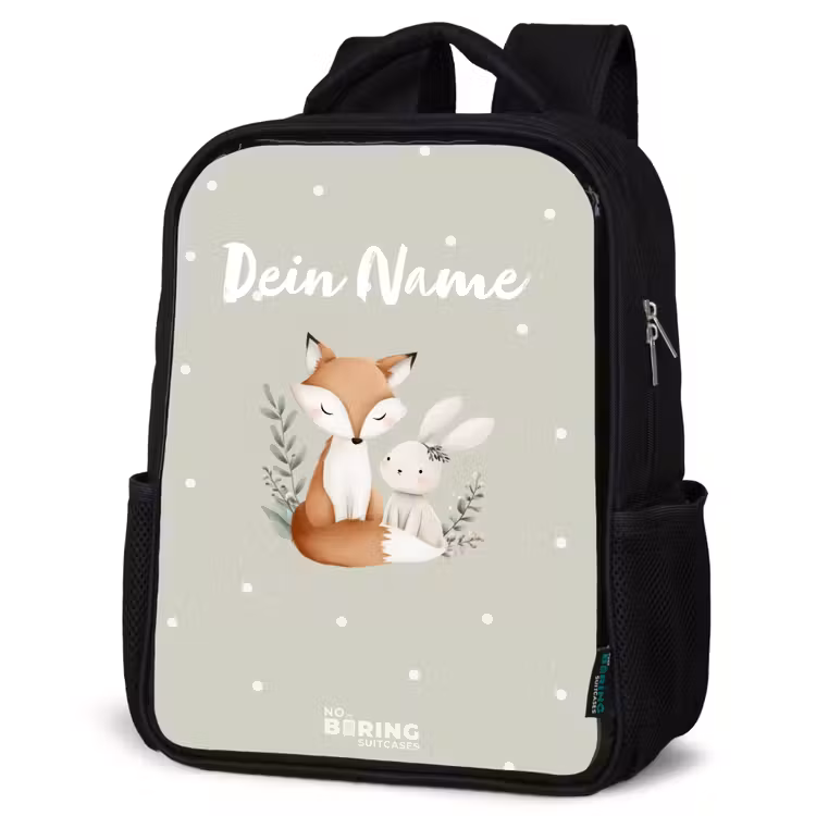 Kinderrucksack - Schwarz - Fuchs und Kaninchen umgeben von grünen Blättern und Punkten — 4