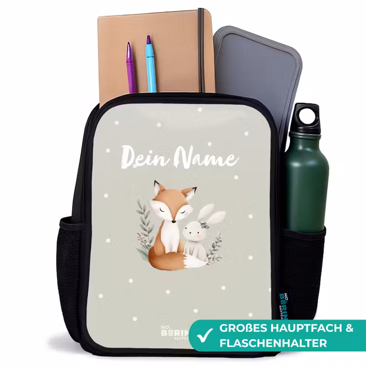 Kinderrucksack - Schwarz - Fuchs und Kaninchen umgeben von grünen Blättern und Punkten — 8