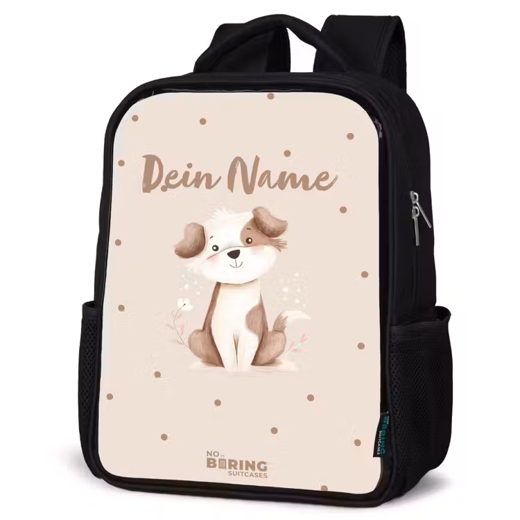 Kinderrucksack - Schwarz - Hundewelpe umgeben von braunen Punkten — 4