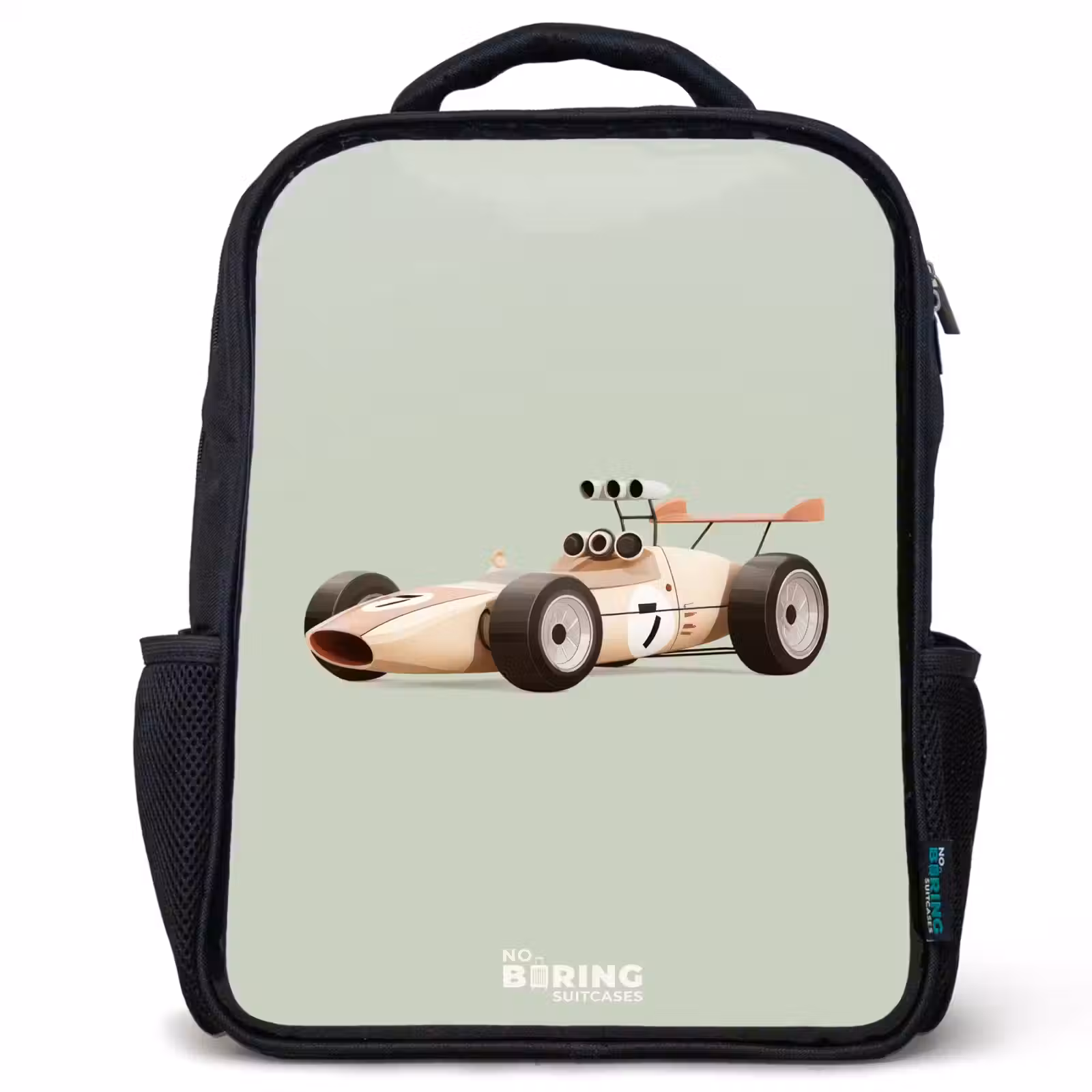 Kinderrucksack - Schwarz - Beige Retro-Rennwagen auf grünem Hintergrund — 1