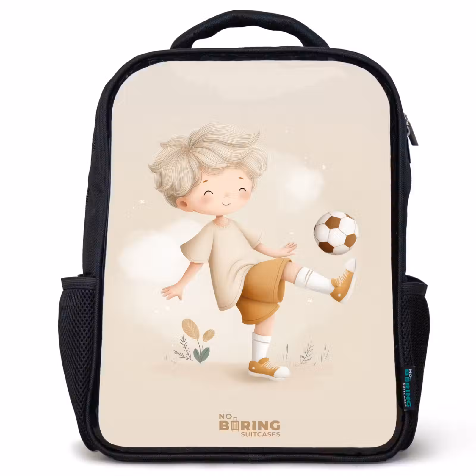 Kinderrucksack - Schwarz - Junge mit einem Fußball in beigen Farben — 1